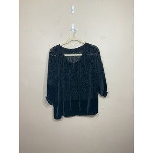 Womens Floral Velvet Burnout Peasant Shirt 1X Black Goth Witch Grunge Semi Sheer
